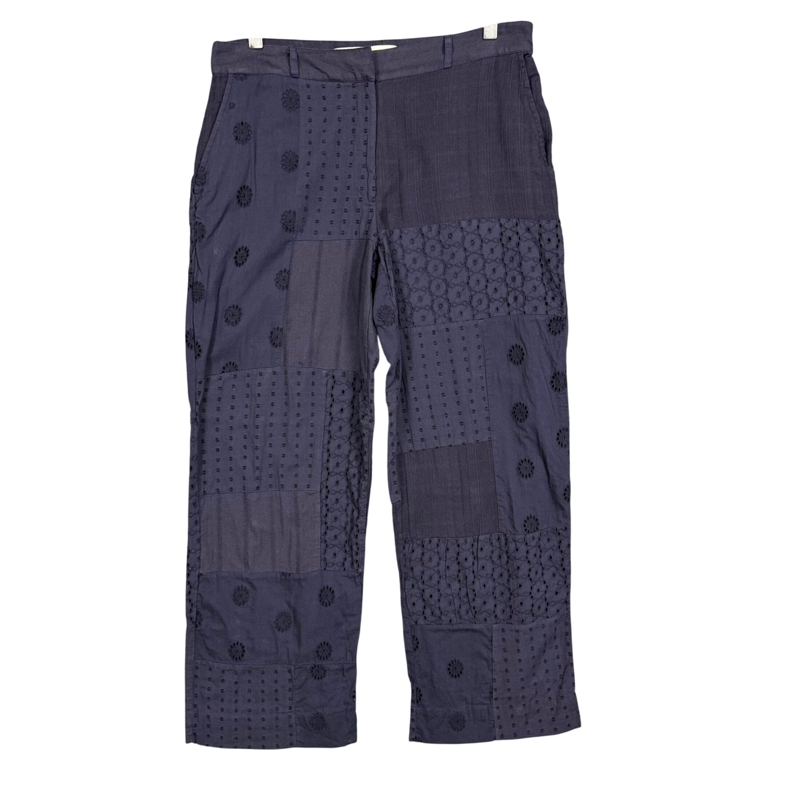 Zara Pants Womens Medium Navy Blue Patchwork Eyelet Embroidered Swiss Dot